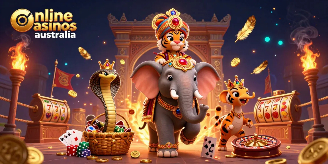Engage with online casinos Australia, featuring a vibrant 3D illustration of a maharaja tiger, elephant, and cobra.
