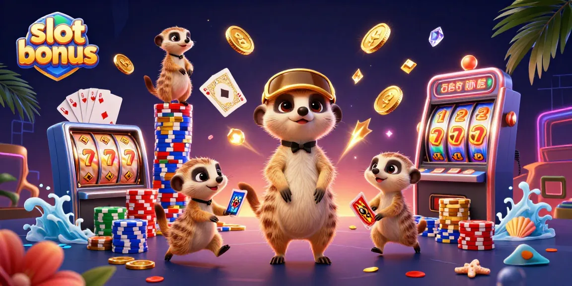 Engage with slot bonus opportunities in a vibrant casino scene featuring meerkats and dynamic gaming elements.