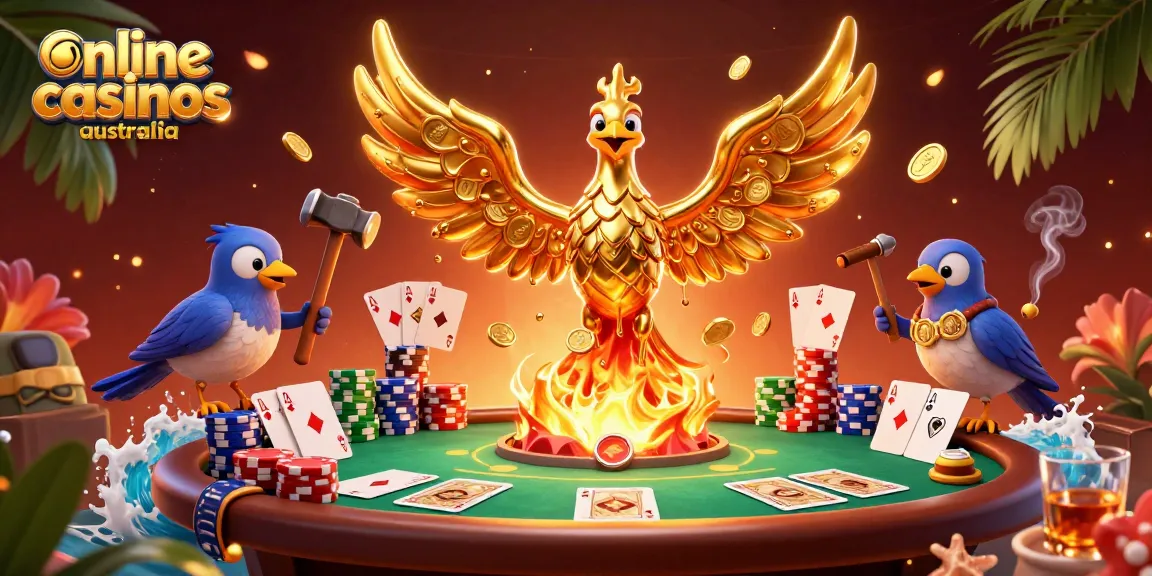 Engage with top gaming action at online casinos Australia featuring a molten metal phoenix in a vibrant casino setting.